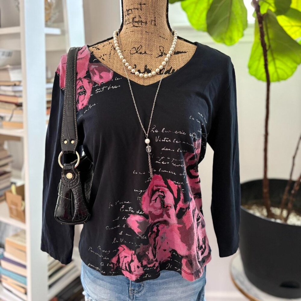 Ruby Rd. Black Beaded V-Neck Knit Top – Rose & Word Detailing